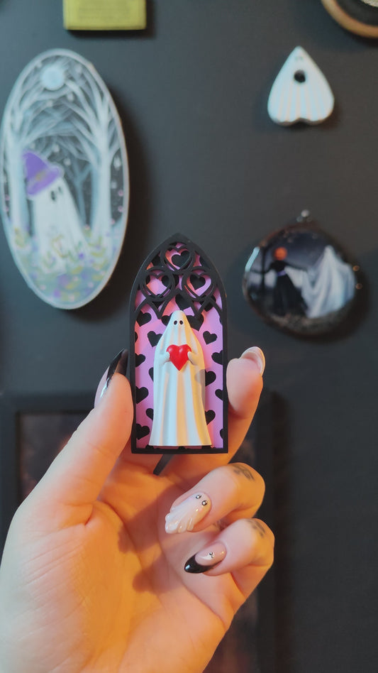Magnet fantôme cathédrale valloween coeur noir fond rose