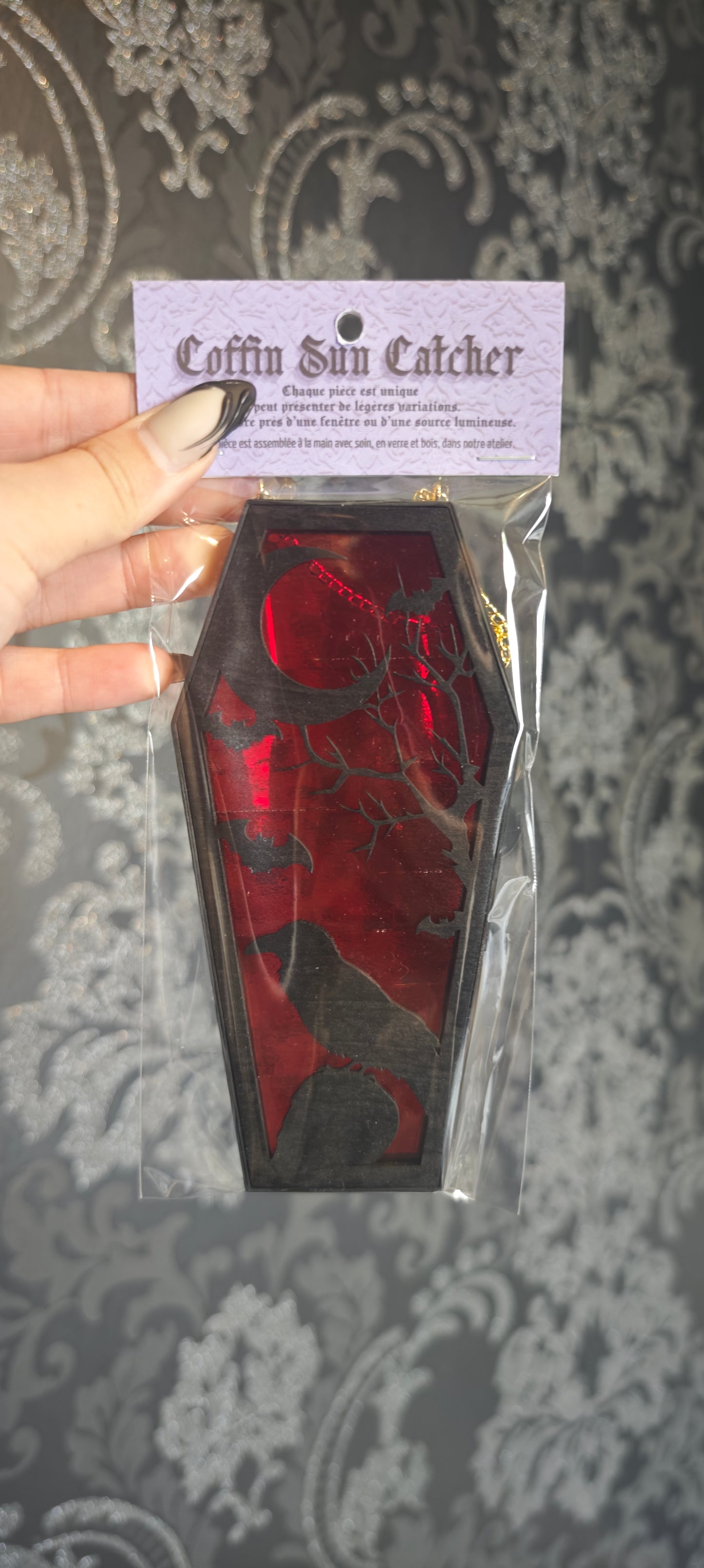 Cercueil verre corbeau crâne rouge