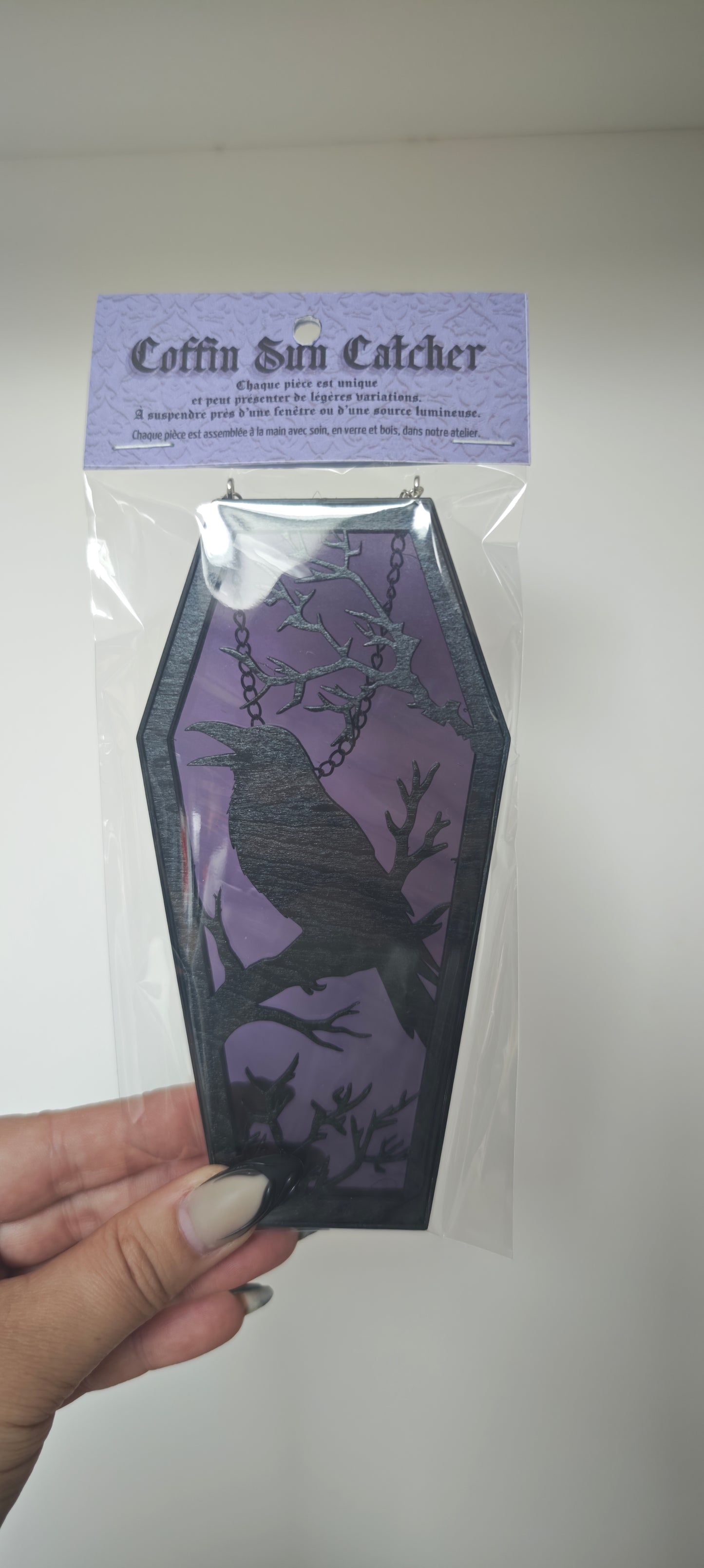 Cercueil verre corbeau violet