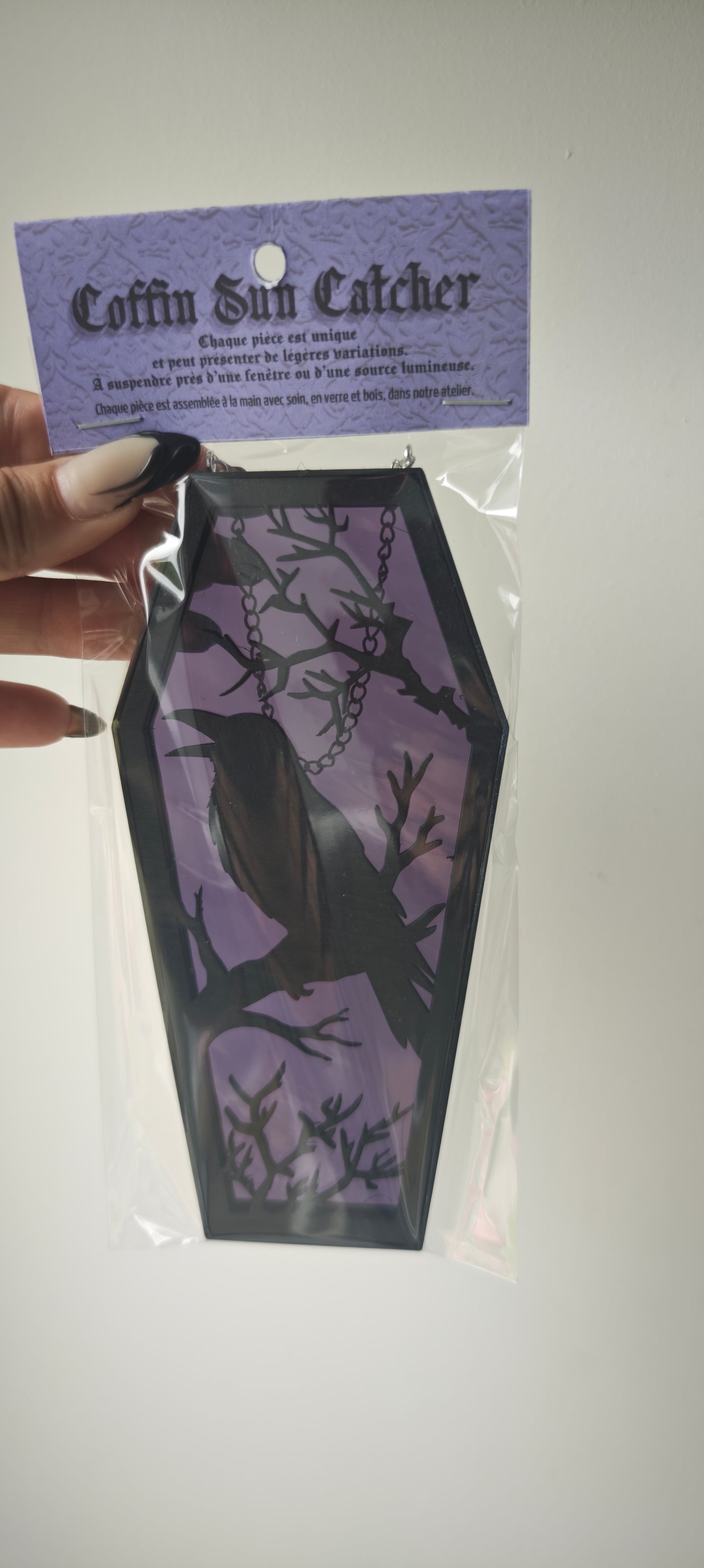 Cercueil verre corbeau violet