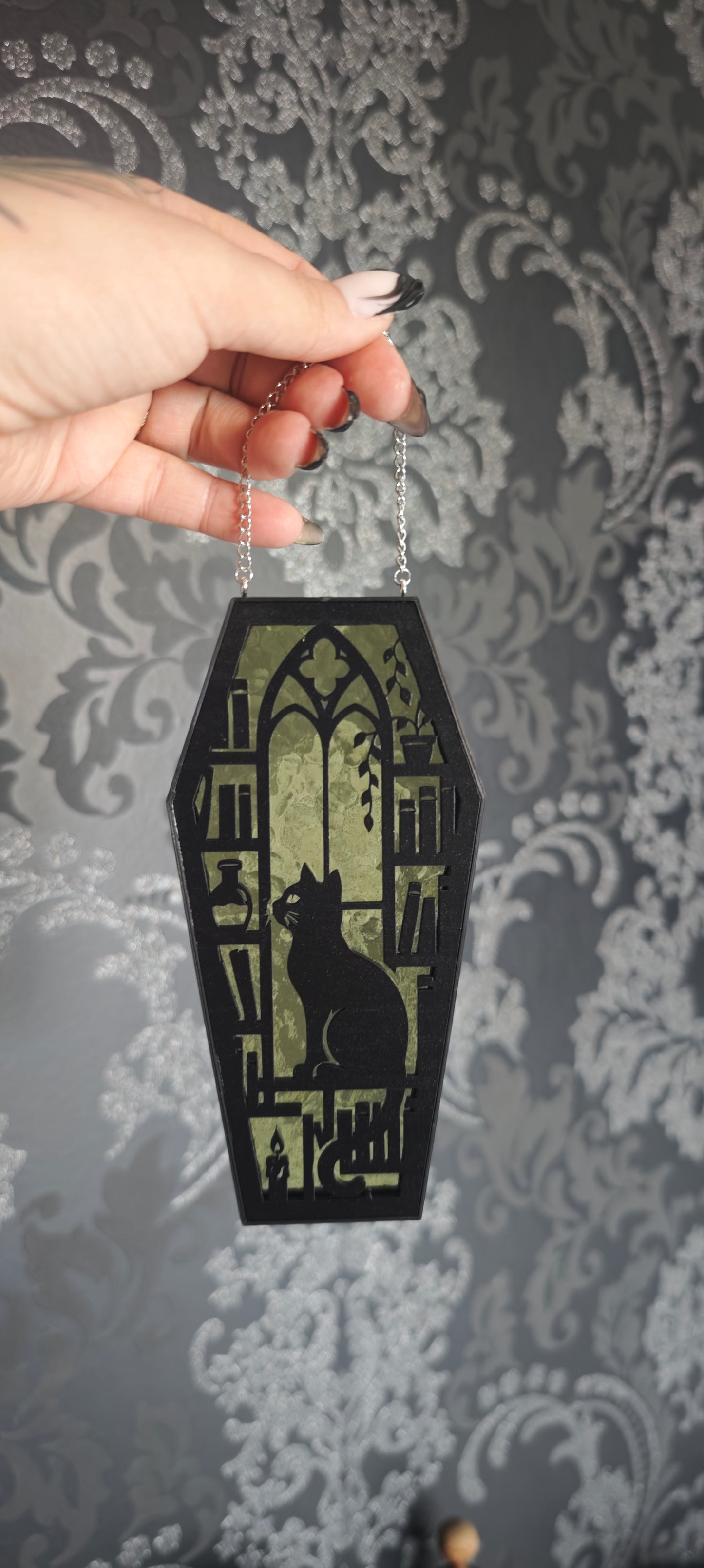Cercueil verre chat vert sauge