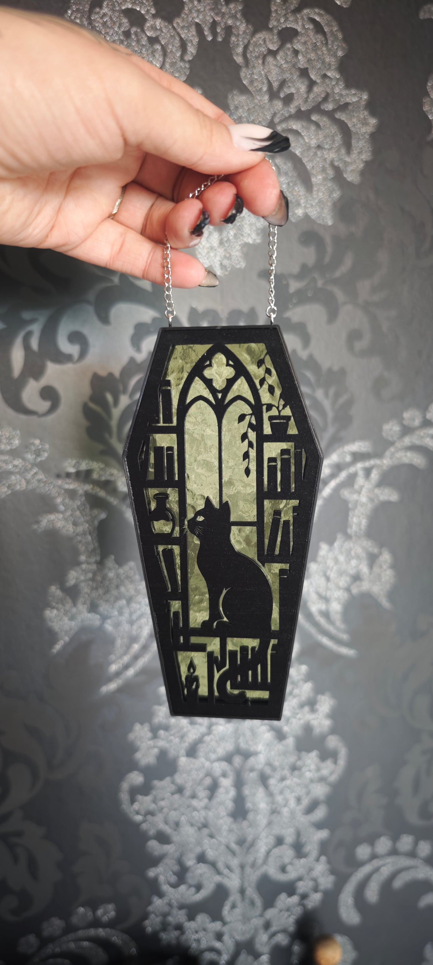 Cercueil verre chat vert sauge