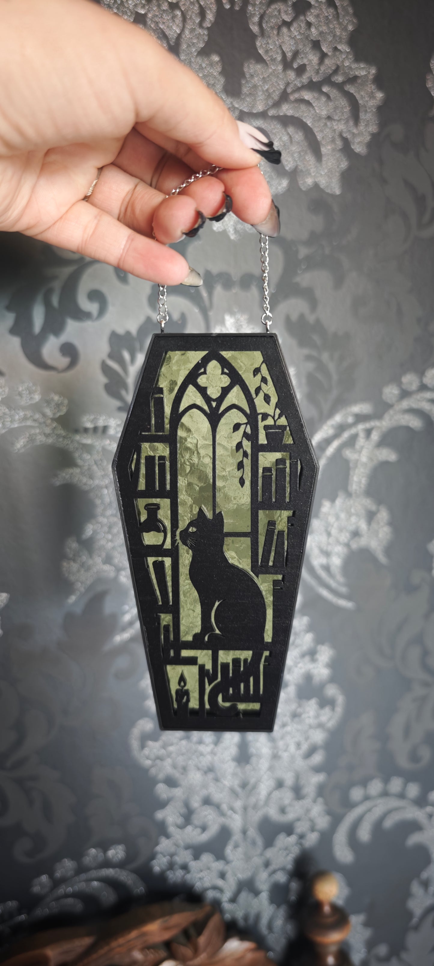 Cercueil verre chat vert sauge