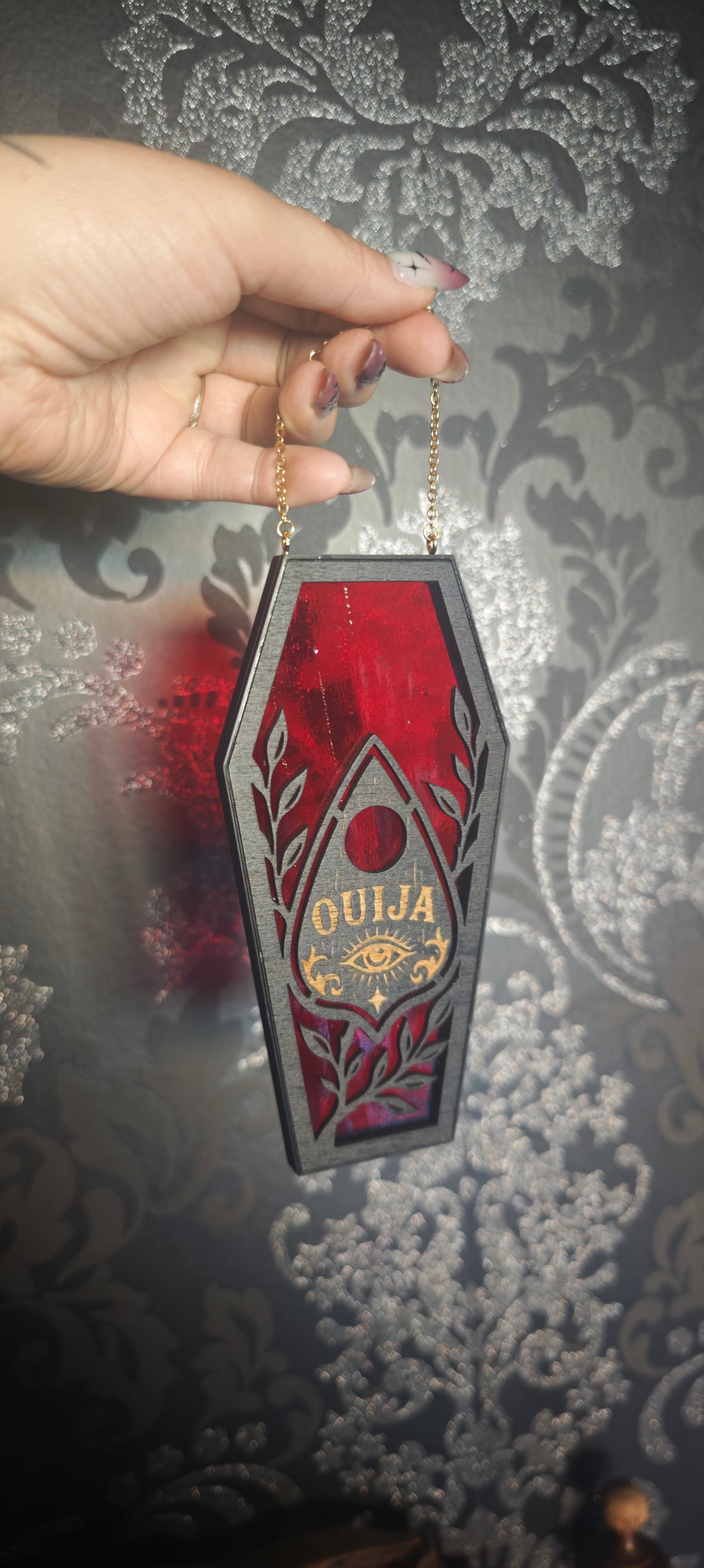 Cercueil verre rouge Ouija gravure