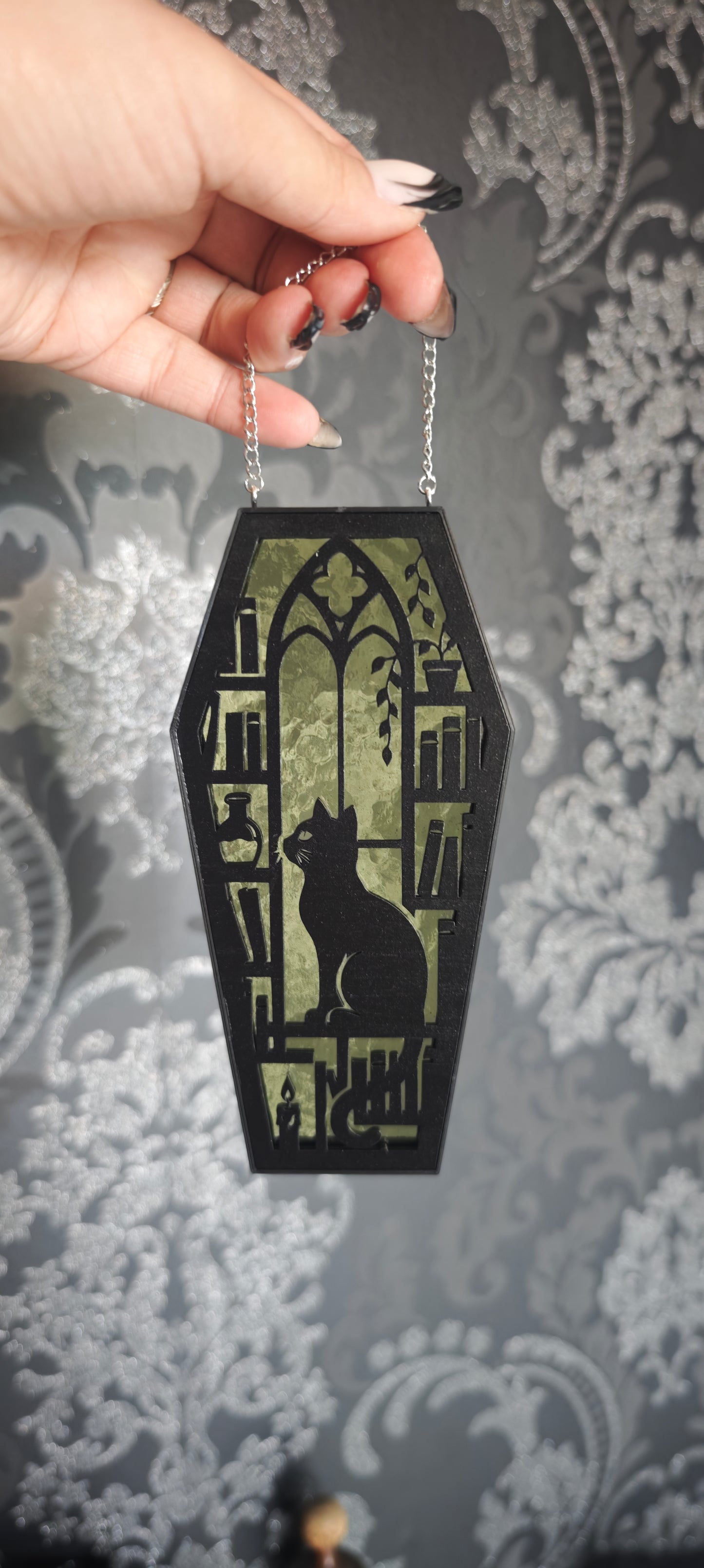 Cercueil verre chat vert sauge