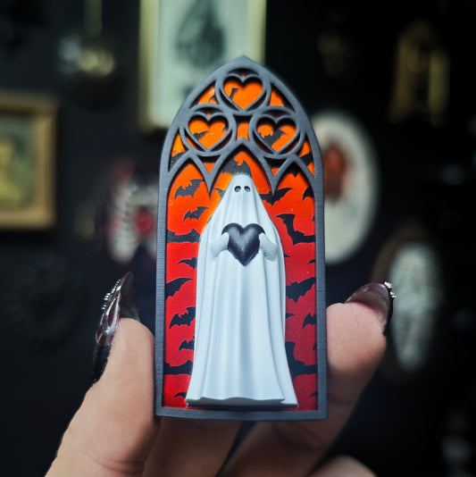 Magnet fantôme cathédrale dégradé rouge orange chauve souris arche coeur